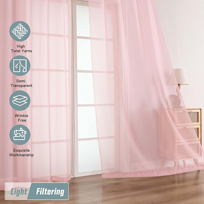 Blush Pink Sheer Curtains 84 Inches Long 2 Panels, Elegant Airy Transparent Light Filtering Window Curtains, Window Drapes for Living Room Bedroom, Top Dual Rod Pocket Design, 2x42Wx84L Inches