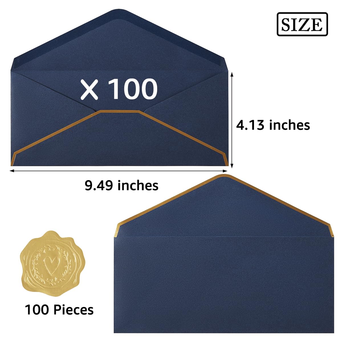 100 Pack #10 Business Envelopes with Gold Border, Self Seal Standard Envelopes with Gold Stickers for Office, Checks, Letter Mailing, Invoices, 4 1/8 x 9 1/2 Inches (Navy Blue)