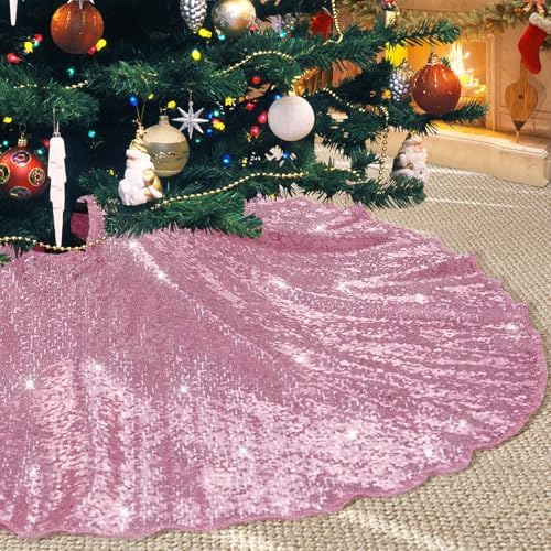 Poise3EHome Fuchsia Pink Christmas Tree Skirt, 50 Inch Sequin Tree Skirt