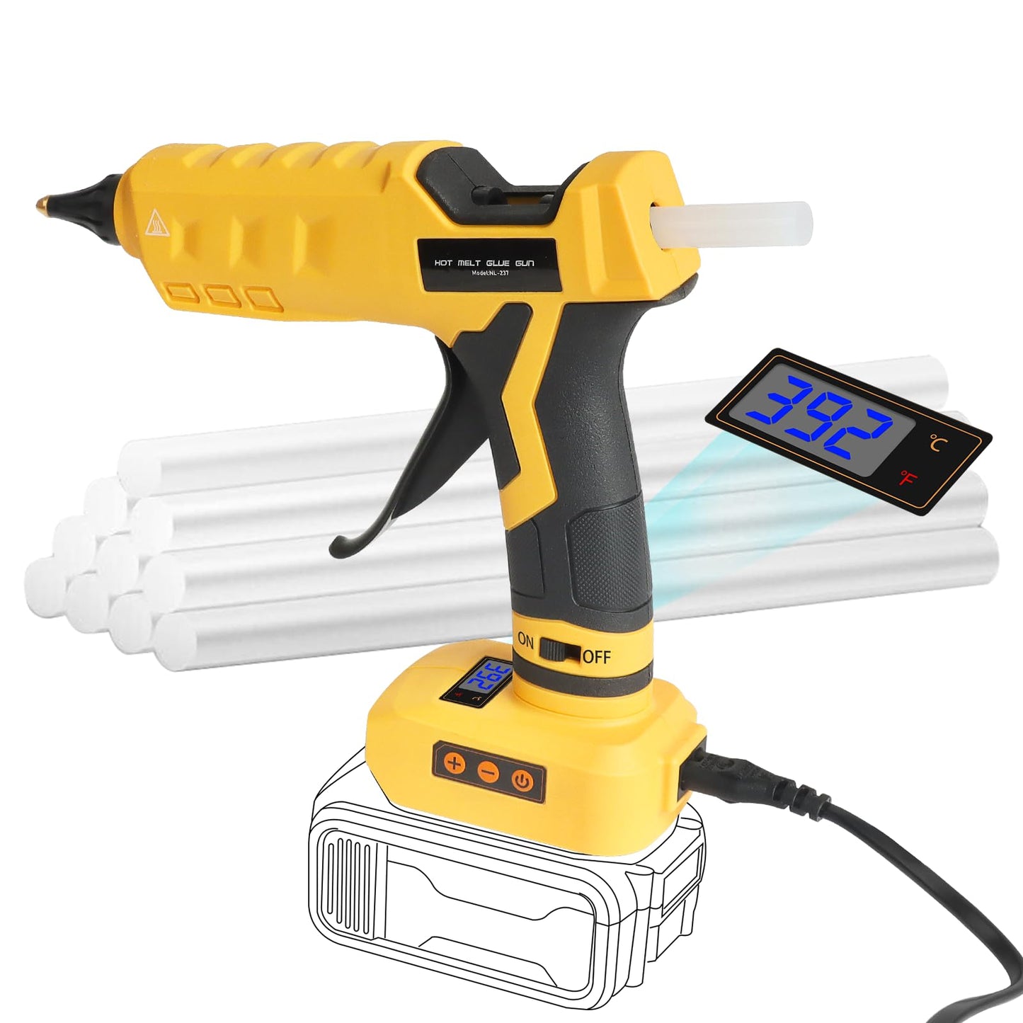 Cordless & Corded 2-in-1 Hot Glue Gun Compatible with Dewalt 20V Battery, 100W Digital LED Temp Adjustable Anti-drip Full Size Glue Gun with 1 replaceable nozzle & Glue Sticks (Battery Not Included)