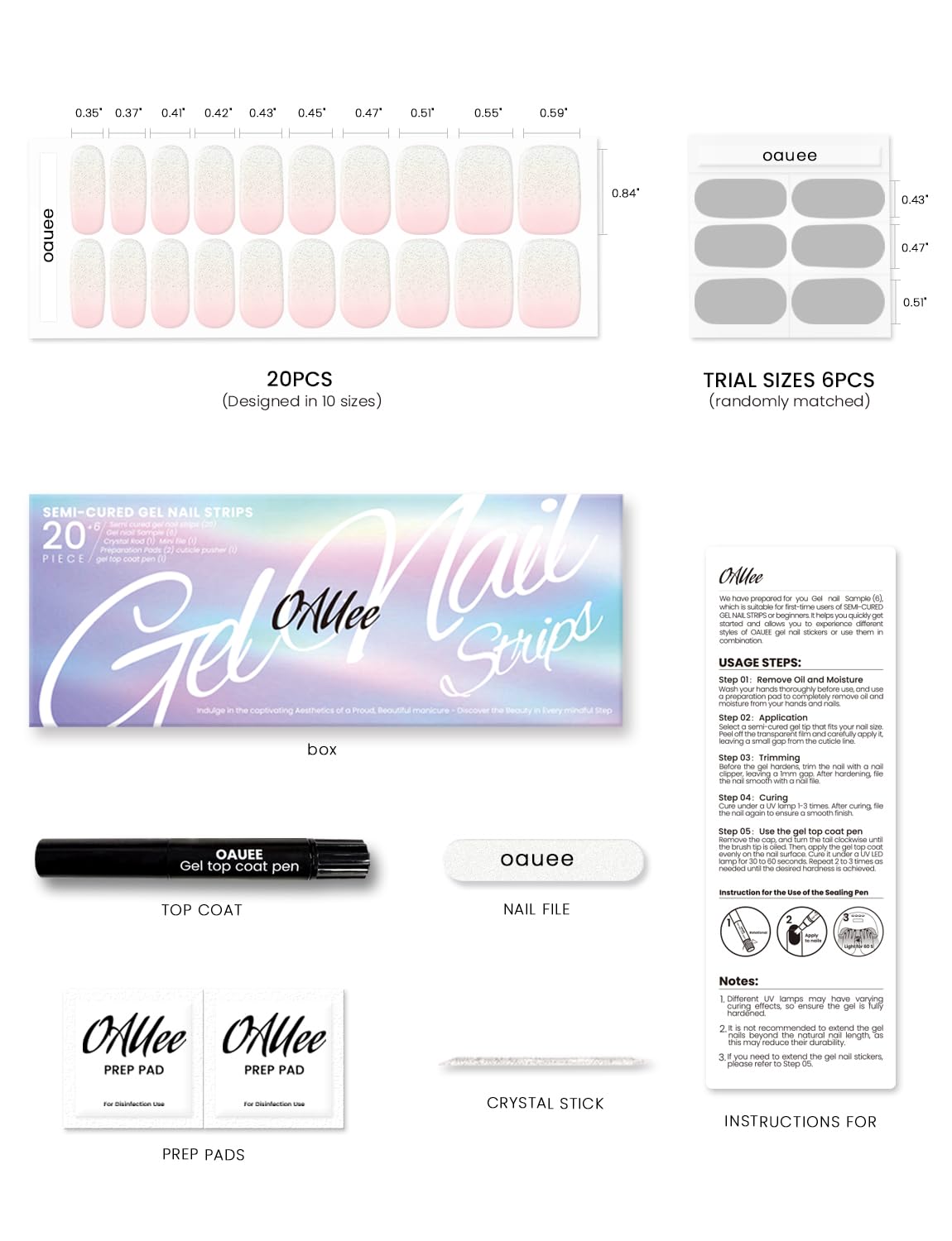 Oauee Semi Cured Gel Nail Strips | Built-In Gel Top Coat | UV Light Required | Salon Quality, Easy Application And Removal (Peach Glitz Fade)