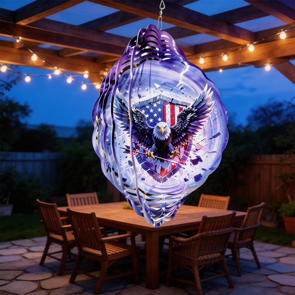 10x10 Patriotic Bald Eagle Spinning Wind Chime American Flag Lightning Wind Spinner Outdoor Garden Decor Memorial Day 4th of July Gift