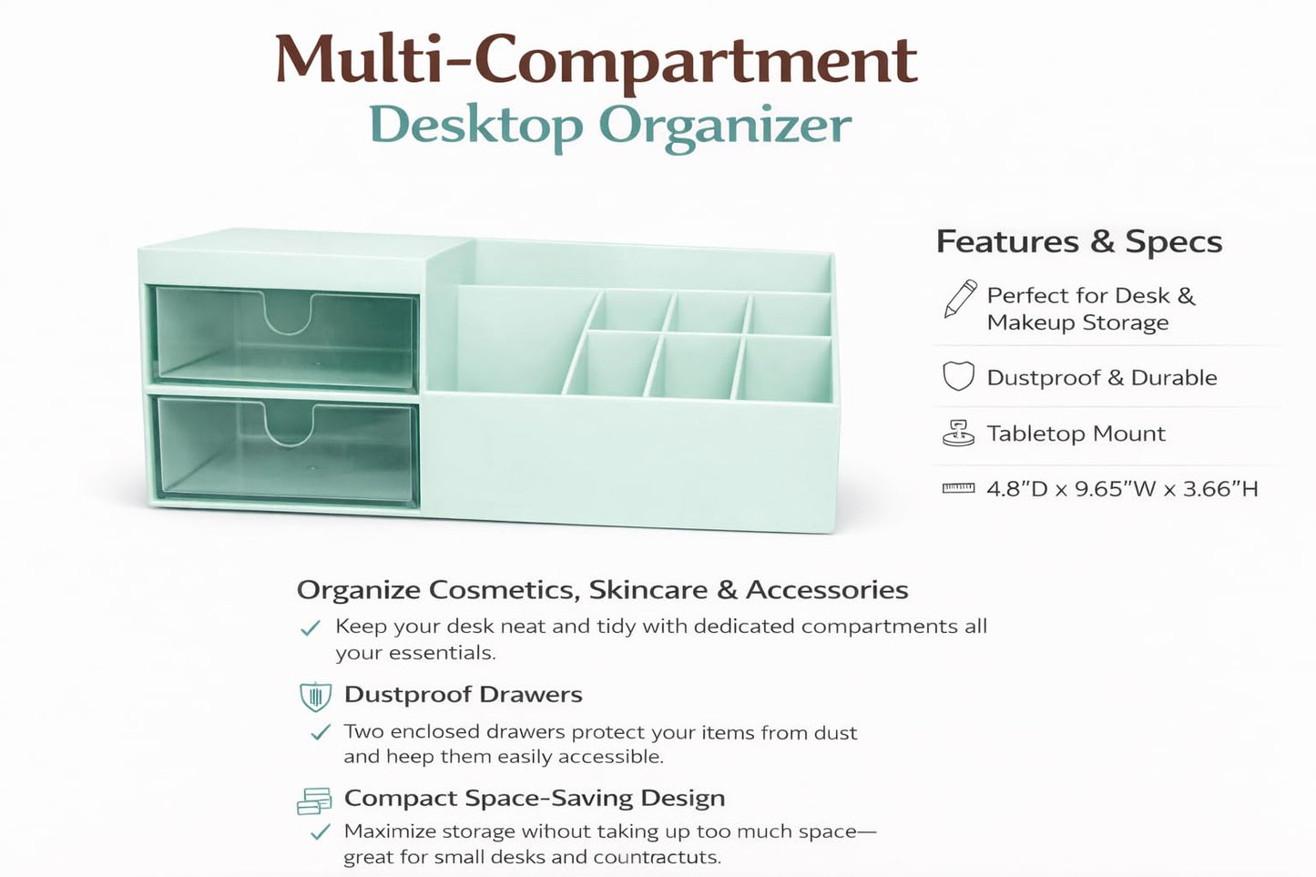Meadows Supply Desktop Drawer Storage Organizer – Multi-Purpose Plastic Makeup & Office Storage Box with Divided Drawers, Dust-Proof Vanity Organizer for Cosmetics, Jewelry & Stationery (Blue)
