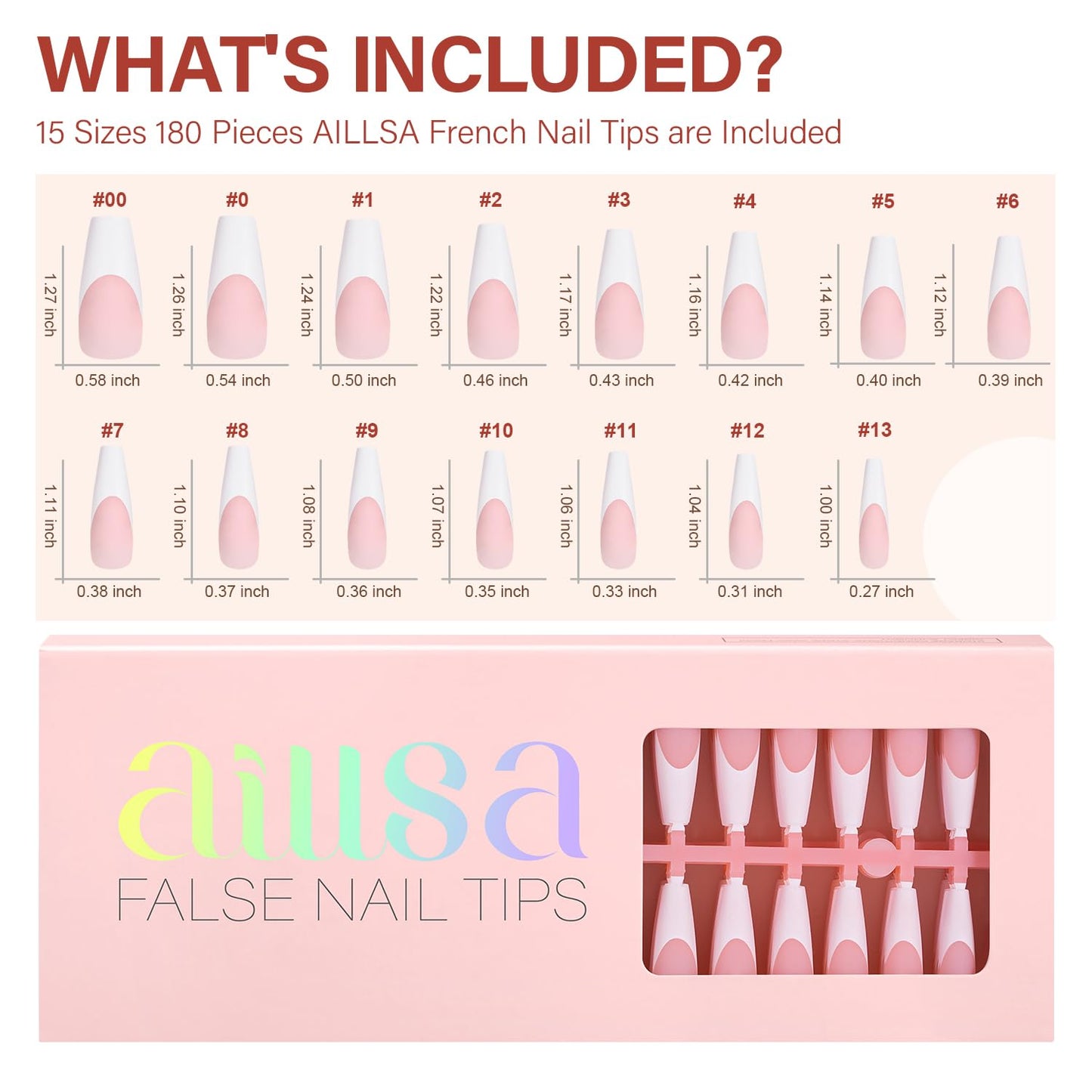 AILLSA French Gel Nail Tips, 180 Pcs French Tip Press On Nails Long Coffin Pink, Pre-Applied Primer & Base Coat, No Need File, Soft Nail Tips, Fake Nails for Nail Art DIY 15 Sizes