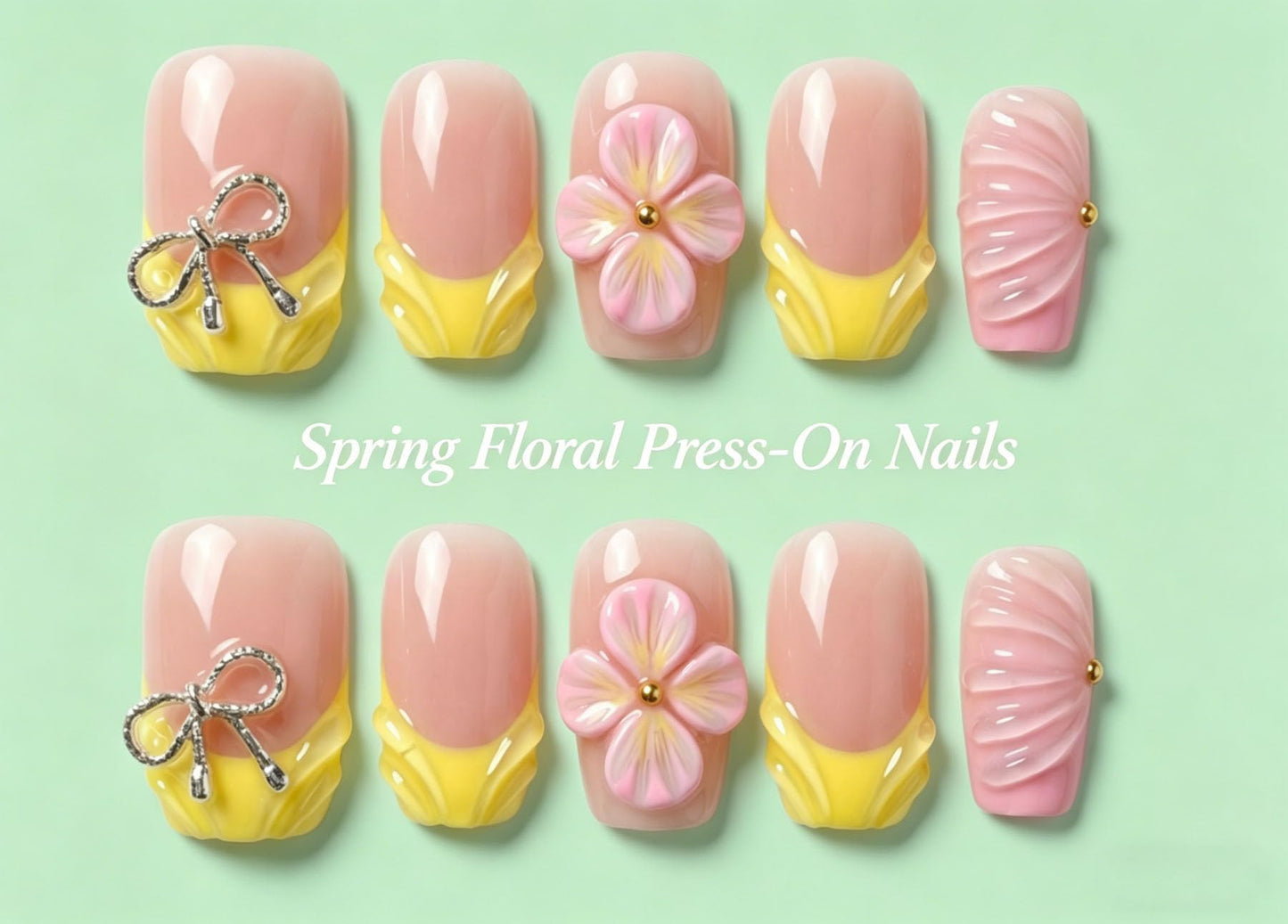 Short Square Press on Nails Handmade 3D Cute Glue on Nails for Women, Luxury Homemade Press on Nail Art Design, Fake Nails with 3D Nail Charms Size M 5