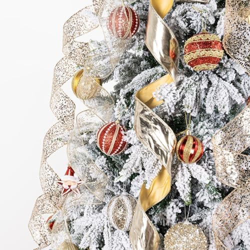 Gold Silver Glitter Christmas Tree Topper Bow 11 Inch with 6 Ribbon Tails 3 Yards Long Wired Ribbon for Holiday Easy Style Party Decoration