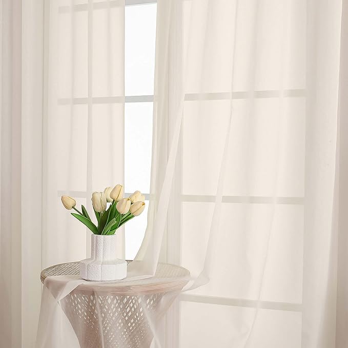 Chyhomenyc Cream Sheer Curtains 48 Inch Long, Light Filtering Solid Color Bedroom Window Sheer Curtain Panels, Elegant Short Curtains & Drapes for Living Room, 42Wx48L, 2 Panels