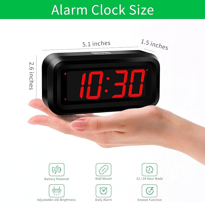 Alarm Clock,1.2'' LED,Cordless,Battery Operated,3-Level Brightness,12/24Hr