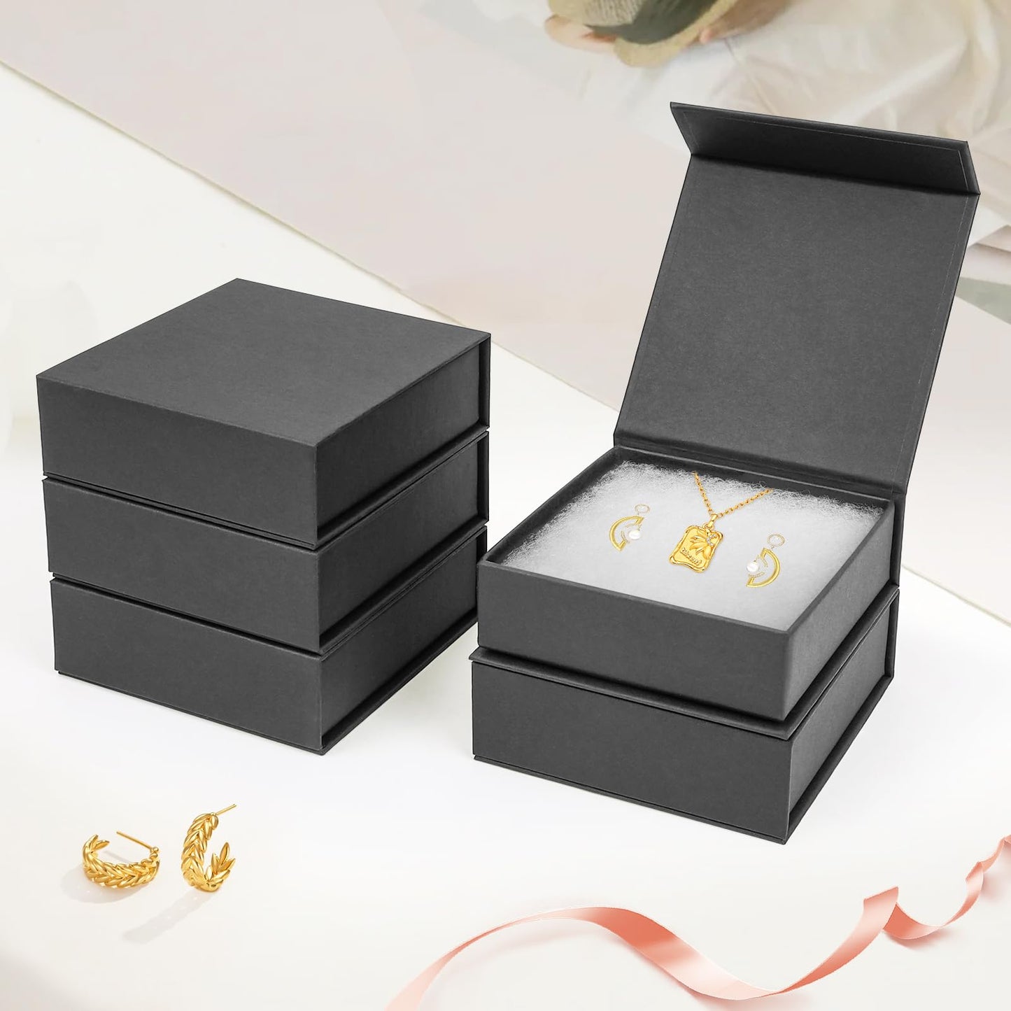 Mirgrime Jewelry Gift Boxes, 5 Pack 3.5x3.5x1 inch Small Jewelry Boxes, Cardboard Jewelry Box for Necklaces Bracelet Earring Ring(Black)