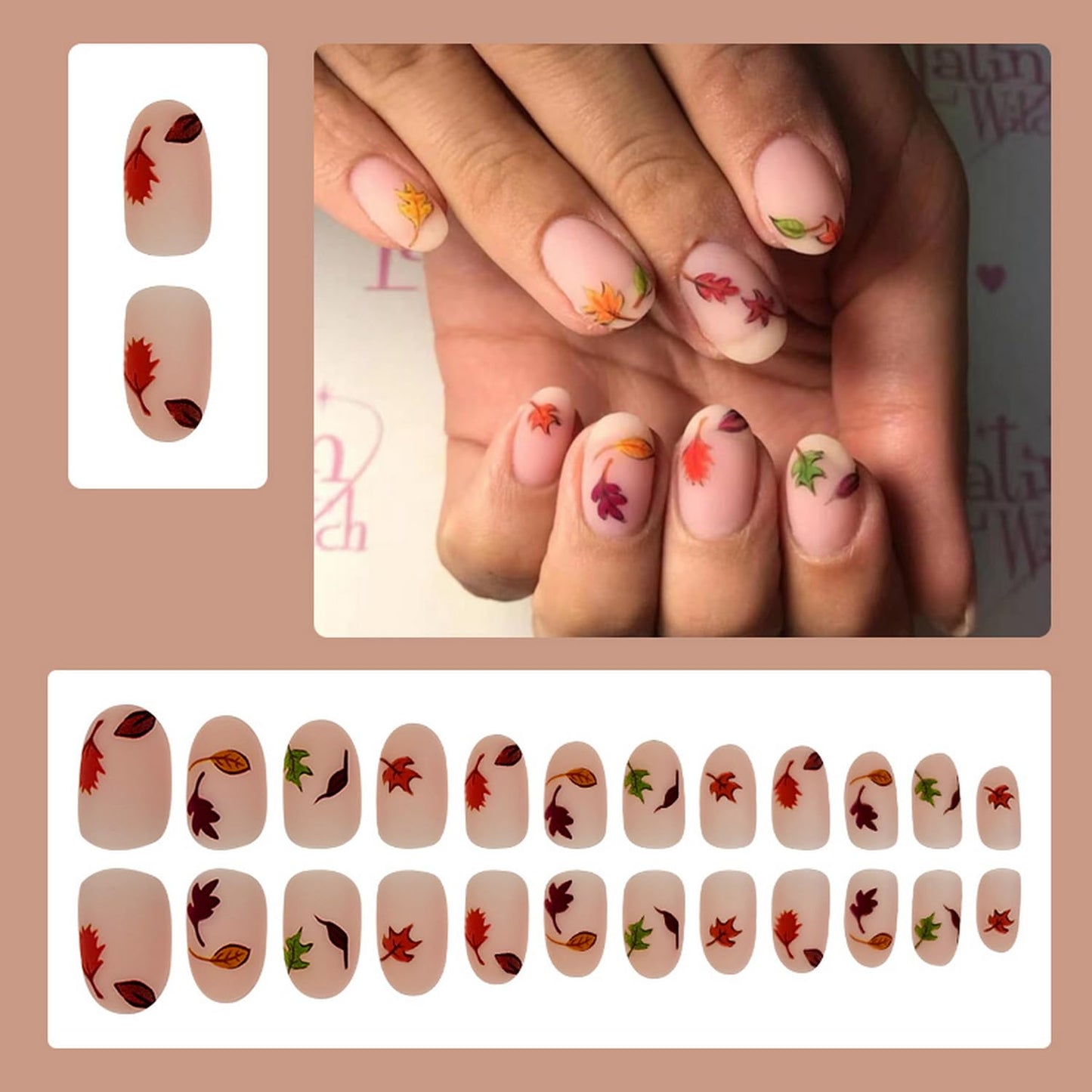 Fall Press on Nails Oval Fake Nails Full Cover Maple Leaves designs Acrylic Artificial Nails Nude Matte False Nails Gel Glue on Nails for Women Girls Autumn Nails 24pcs