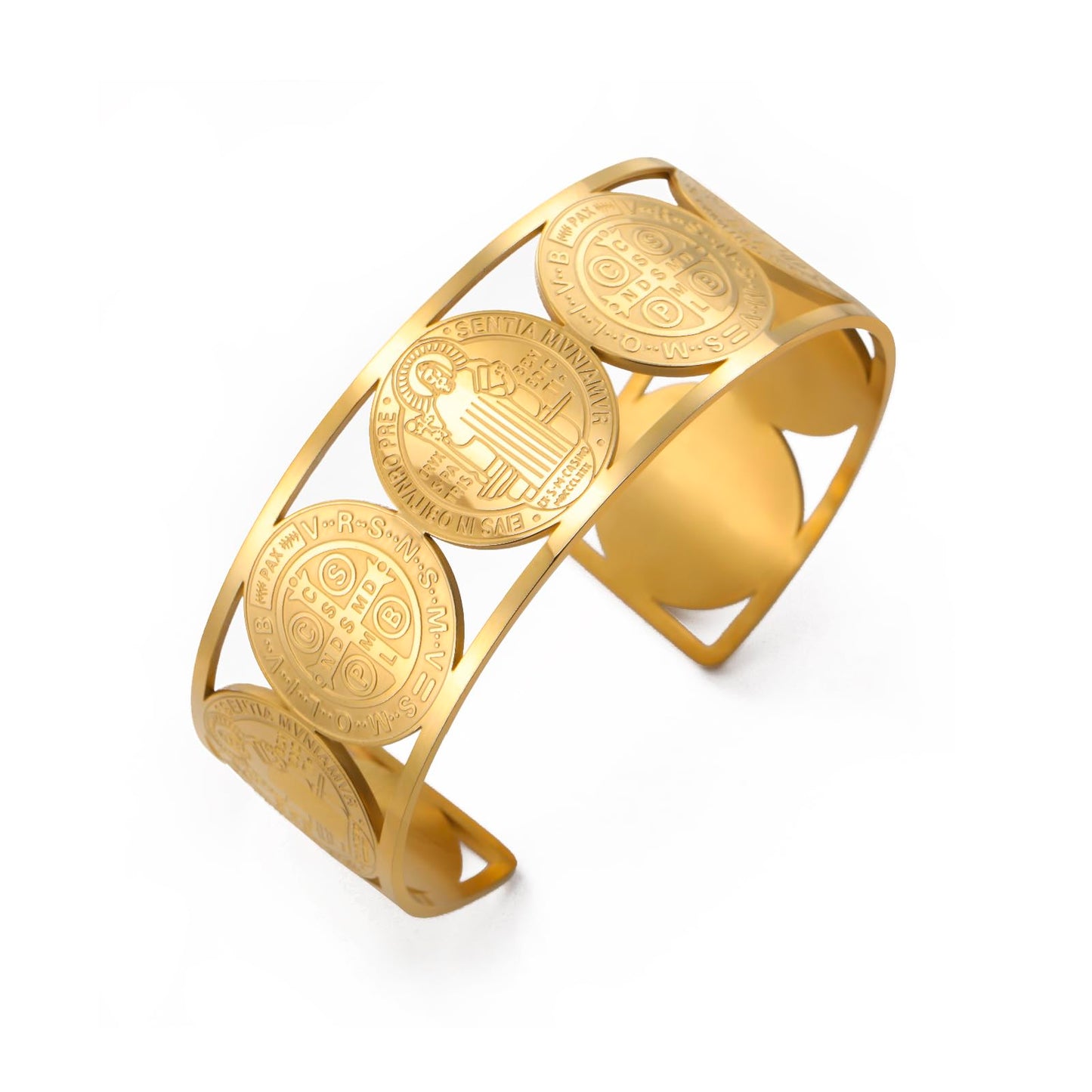 Amaxer Adjustable St. Benedict Open Cuff Bangle Bracelet for Women Men Stainless Steel Religious Jewelry 0.88in Wide (gold)