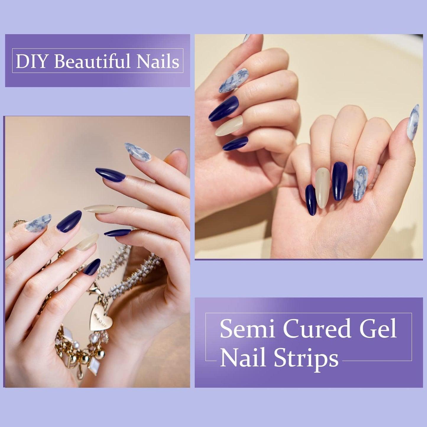 DUKASOU Semi Cured Gel Nail Strips,28 Pcs Gel Nail Stickers Wraps(Ocean Blue),Long Lasting Stickers Works with Any UV Light, Easy to Apply