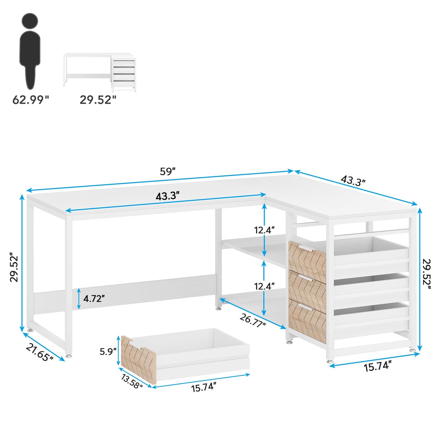 LITTLE TREE 59-Inch L Shaped Desk with Drawers, Large Computer Desk with Storage Shelves, Reversible L-Shaped Corner Desk Workstation for Home Office