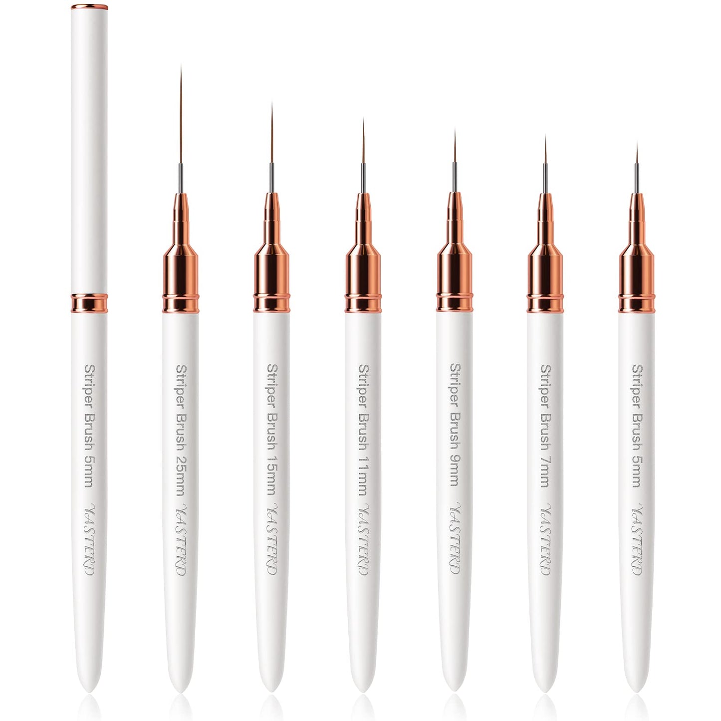 Yasterd 6pcs Striper Brush Set - Long Lines, Thin Details, Elongated Lines, White Metal Handle Nail Brushes for Nail Art - Sizes 5/7/9/11/15/25mm