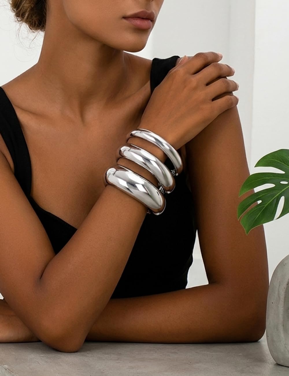 Chunky Gold Bangle Bracelets for Women, Dainty 14k Gold Plated Big Stackable Bangles Set, Trendy Statement Cuff Bracelet Stack Fashion Jewelry Gifts (3 Thick silver bangles)