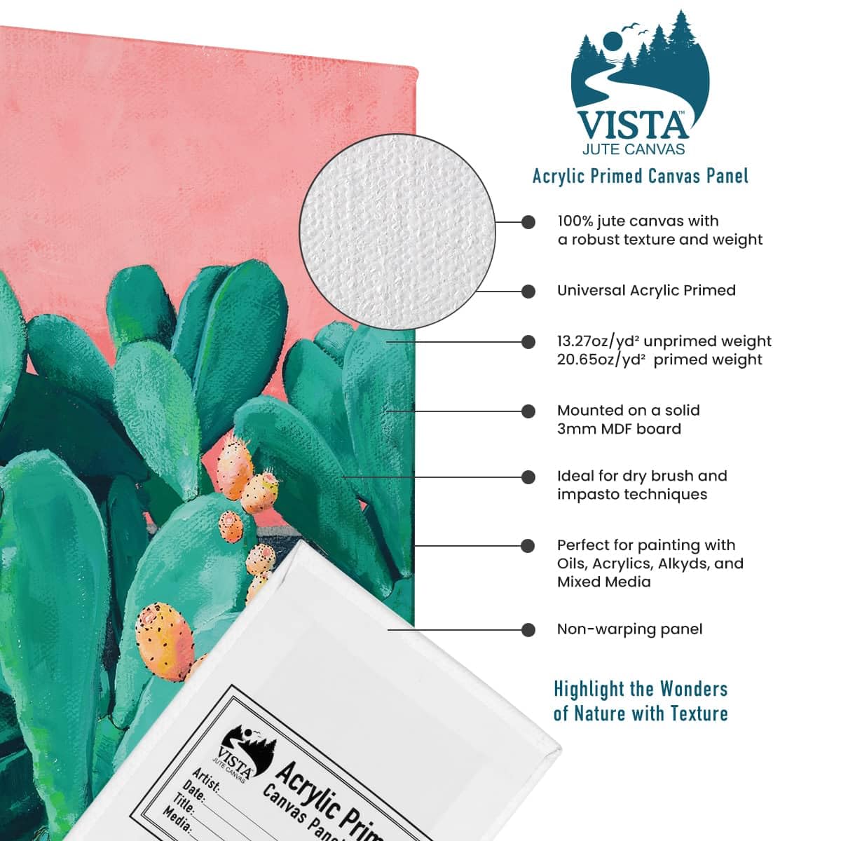 Vista Jute Acrylic-Primed Canvas Panels - 5"x7", 3 Pack - Blank Canvas for Traditional Oils, Eco Friendly, 100% Jute, Triple-Primed, Extra Coarse Texture, Ideal for Dry Brush and Impasto Techniques