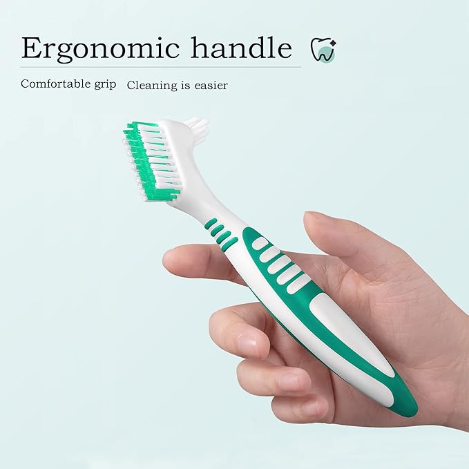 Denture Brush 4Pcs Denture Toothbrushes，Denture Cleaning Care Cleaning Brush ，Double Sided Toothbrush，Multi-Layered Bristles and Rubber Anti-Slip Handle (Purple, Green, Blue, Orange)