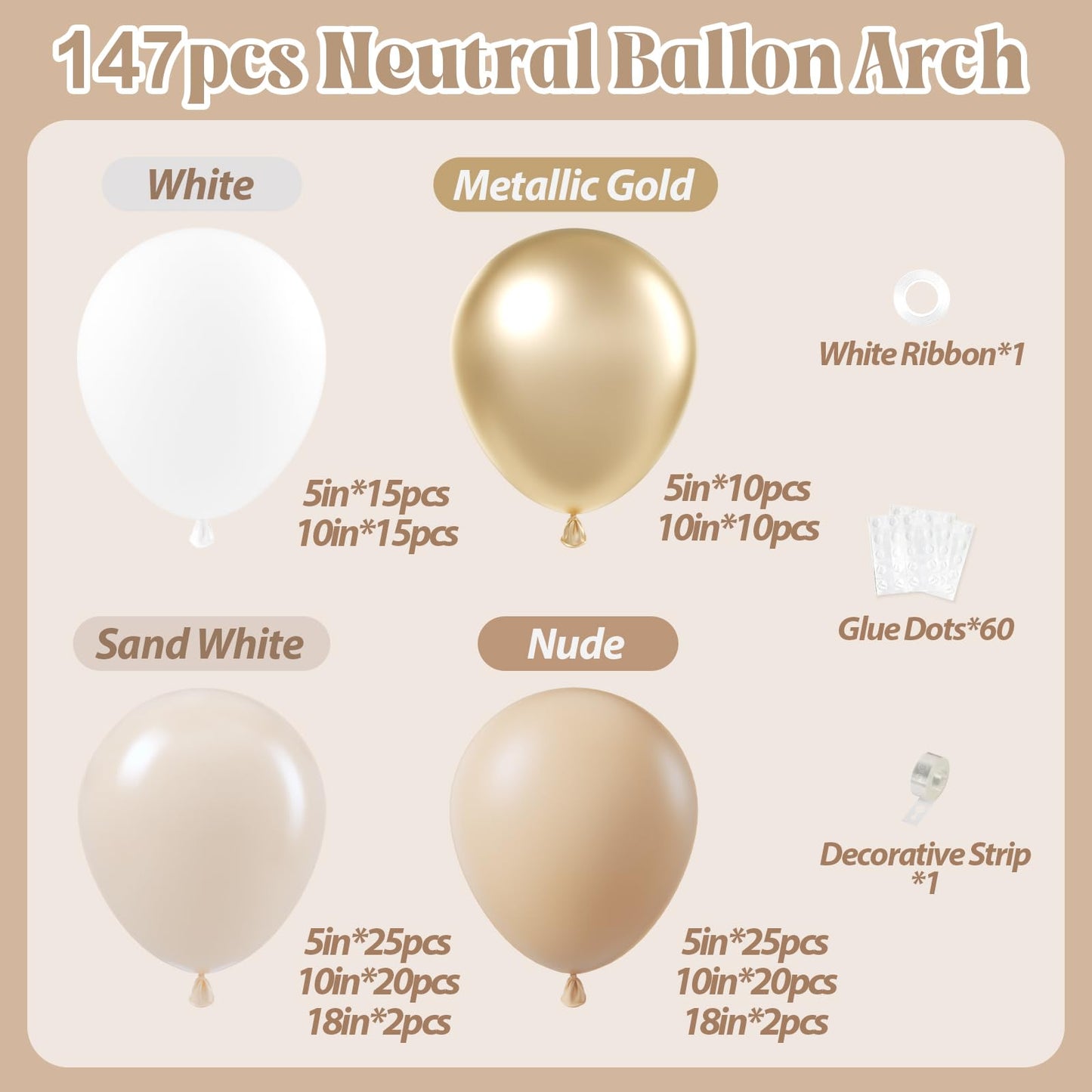 147pcs Neutral Balloon Arch Kit, Neutral Balloon Garland with Nude Sand White Metallic Gold Balloons for Wedding Birthday Baby Shower Decorations