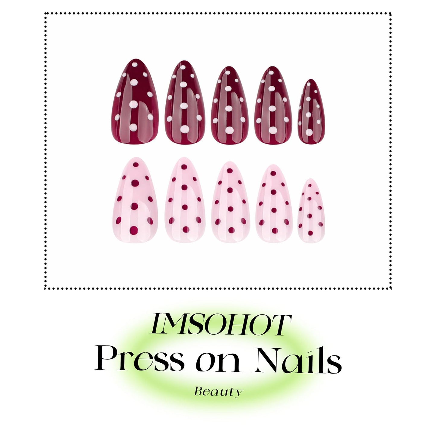 IMSOHOT Press on Nails Medium Almond Fake Nails with Polka Dot Pattern Designs Cute Pink Red Glossy Glue on Nails Acrylic False Nails for Women Nail Decoration