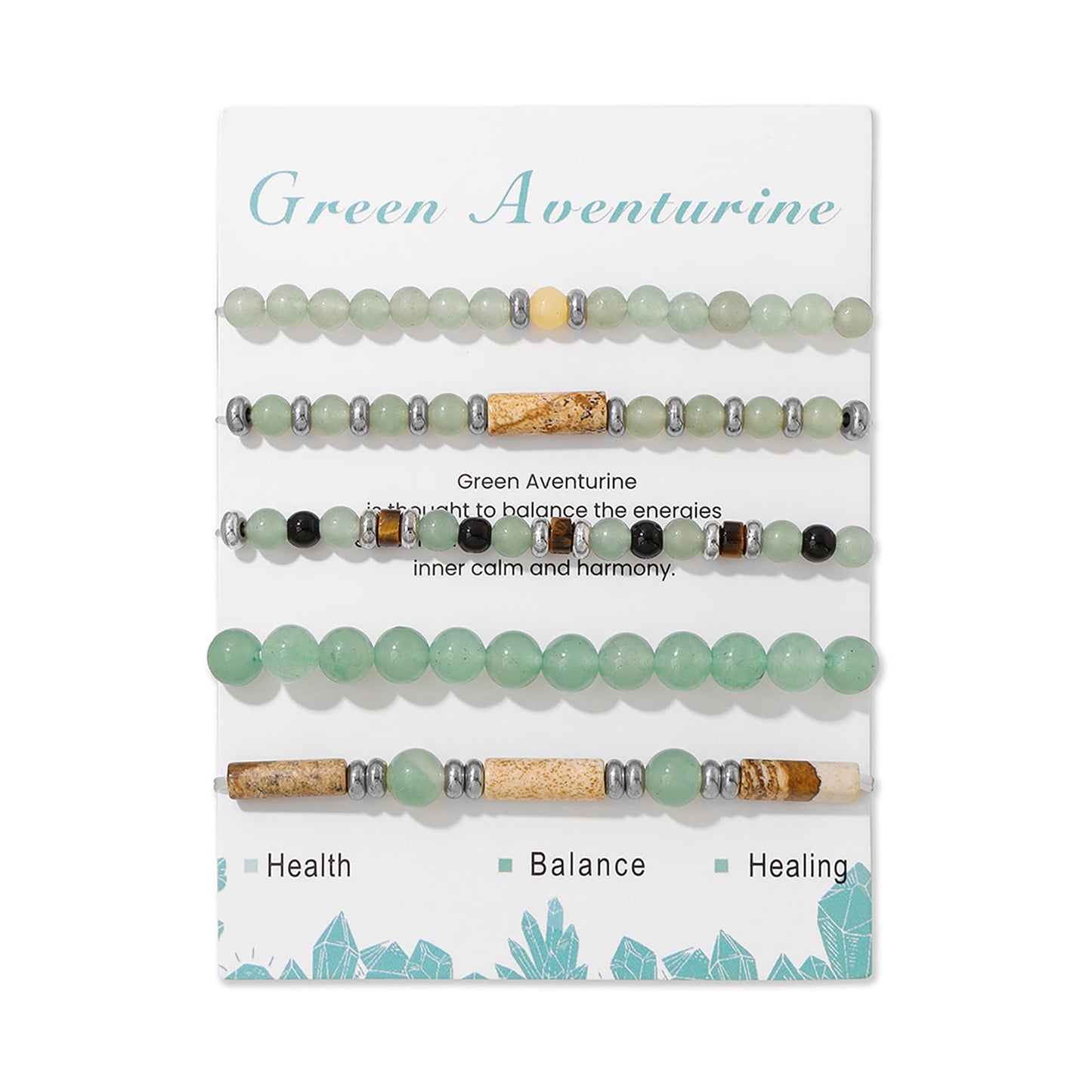 Lit Wall 5Pcs Green Jade Bracelet Set - Stackable Beaded Bracelets - Stretch Bracelets for Women - 4mm & 6mm Jade Beads - 19cm/7.48 in - Green Aventurine