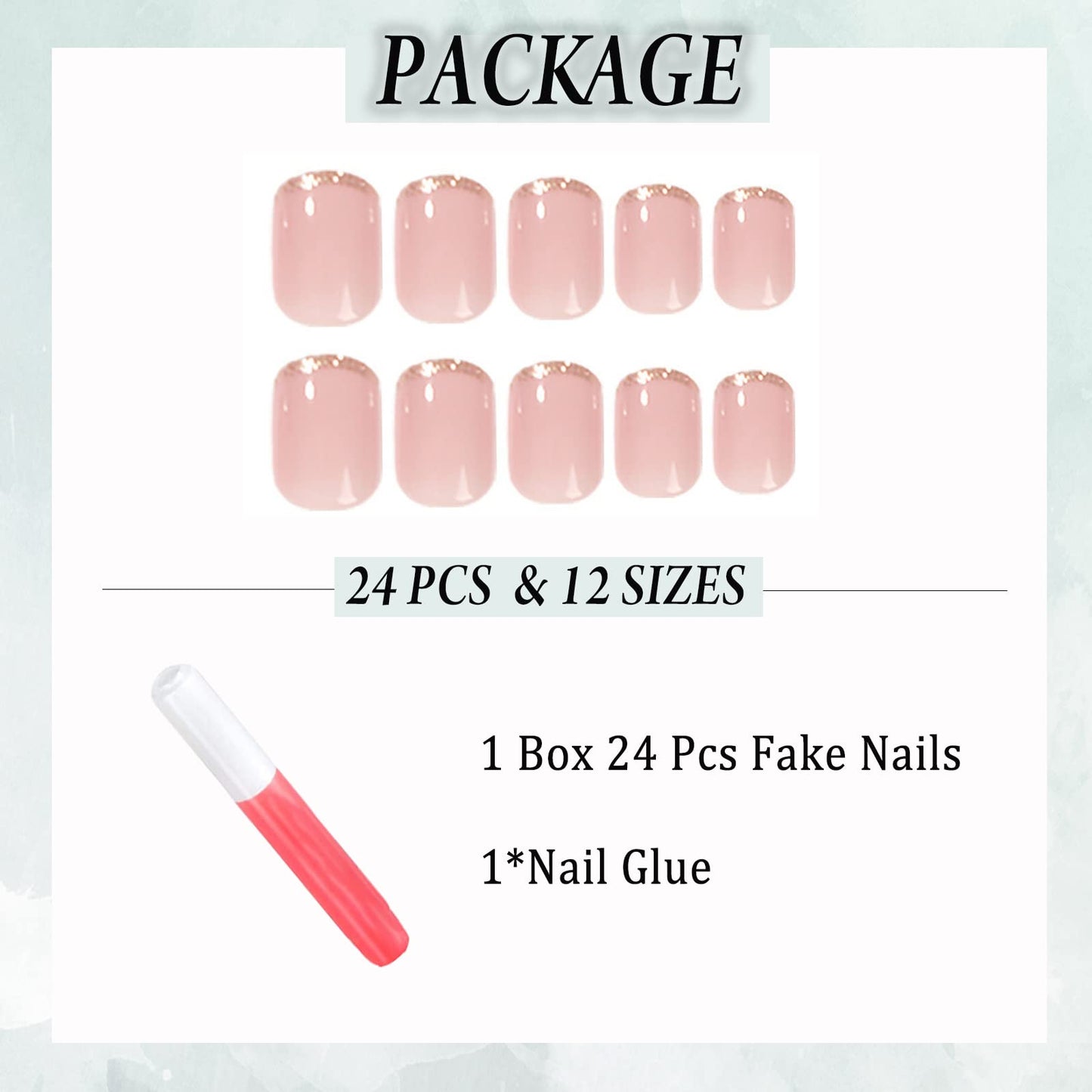 IMSOHOT Short Square Squoval Glossy Press on Nails, Nude Gold French Acrylic Nails for Women, 24PCS