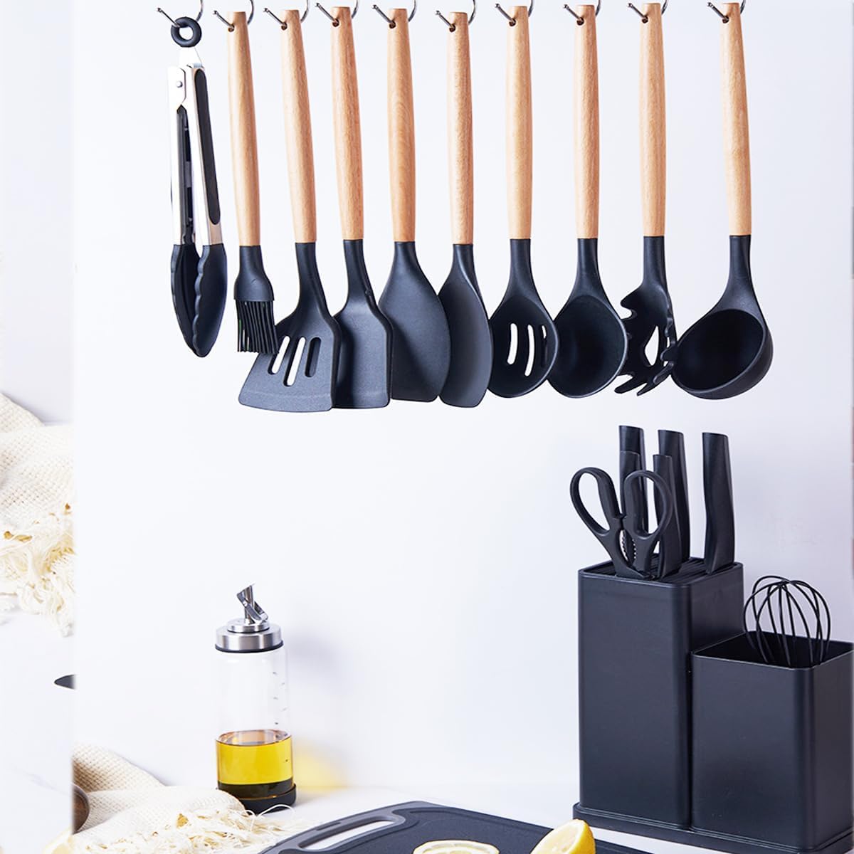 Kitchen Utensils Set & Knife Set with Block, 19 Piece All-in-One Cooking Set, 12 Nonstick Silicone Utensils + 5 Sharp Stainless Steel Chef Knives + Cutting Board, Dishwasher Safe Gift Set (Black)