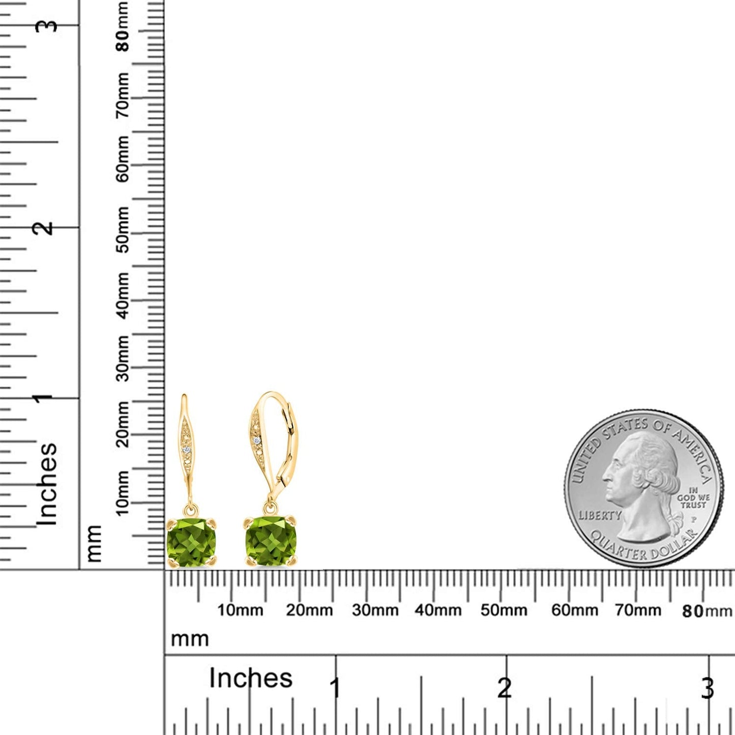 Gem Stone King Drop Dangle Earrings For Women | 7MM Cushion Cut Gemstone Birthstone and Diamond | 925 Sterling Silver | Jewelry Gift for Mom Wife Her | Peridot-August | Yellow Gold