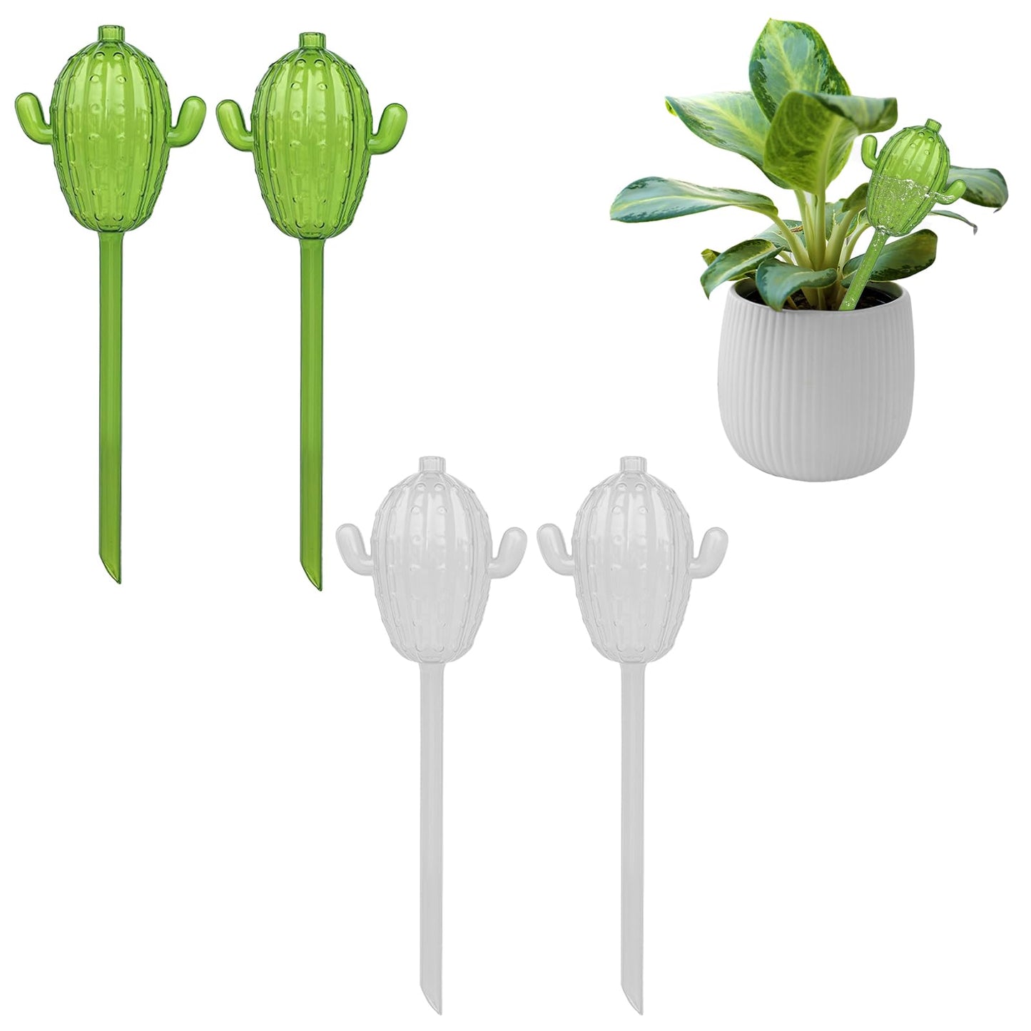 HaoGludi 4 PCS Self Watering Spikes for Plant, 3.38 oz Cactus Shape Watering Globes, Plastic Indoor & Outdoor Automatic Plants Waterer for Everyday or Vacation Use(2 Green, 2 Clear)