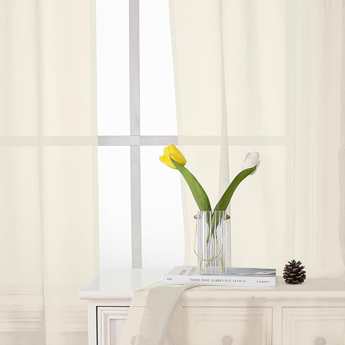 Lecloud Cream Sheer Curtains 84 Inches Long 2 Panels Set, Elegant Light Filtering Window Curtains with Rod Pocket, Airy Voile Transparent Dreaps for Living Room Decor, Each Panel 42 X 84 Inch