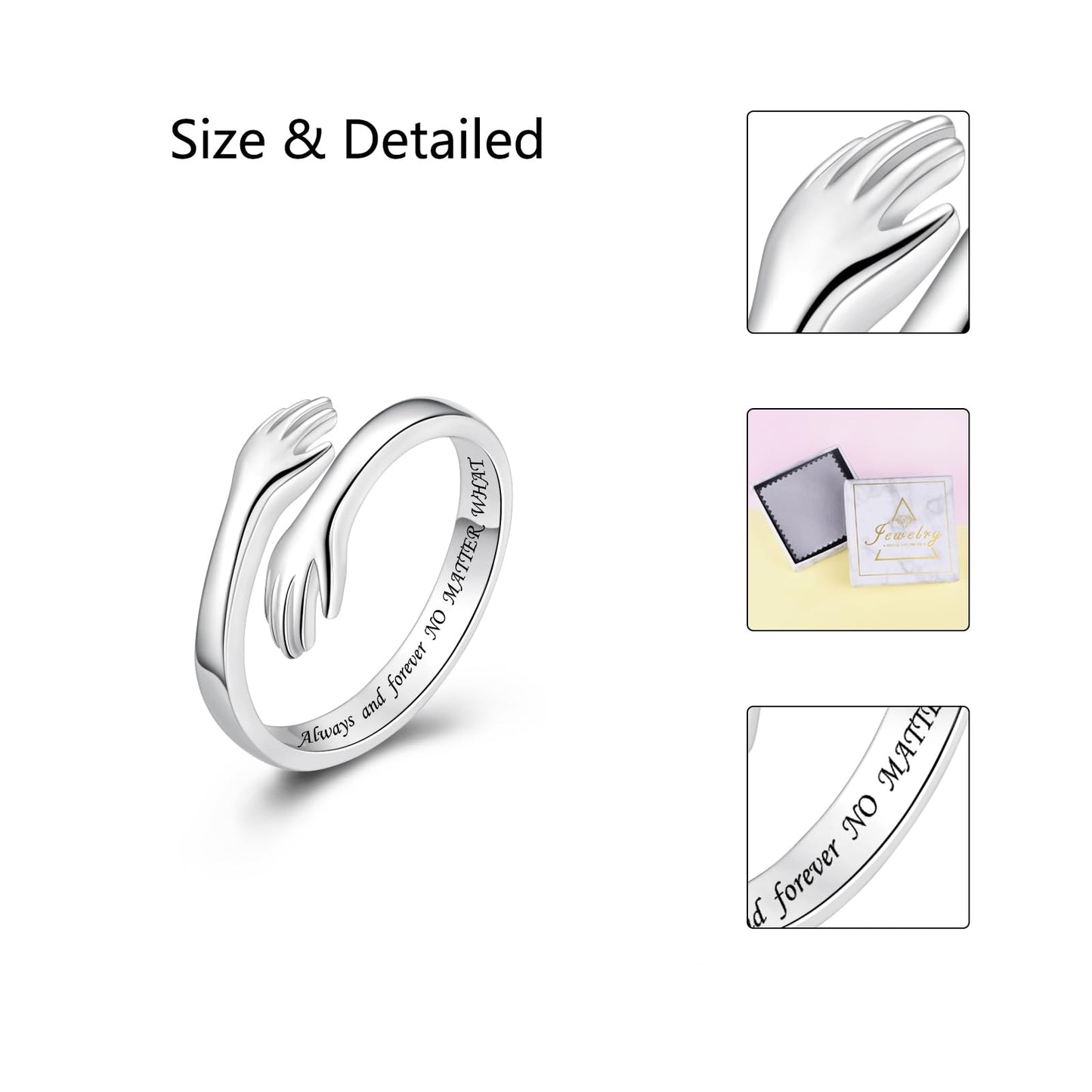 ACJFA S925 Sterling Silver Hug Ring for Women Adjustable Thumb Ring Birthday Gifts (Always and forever NO MATTER WHAT)