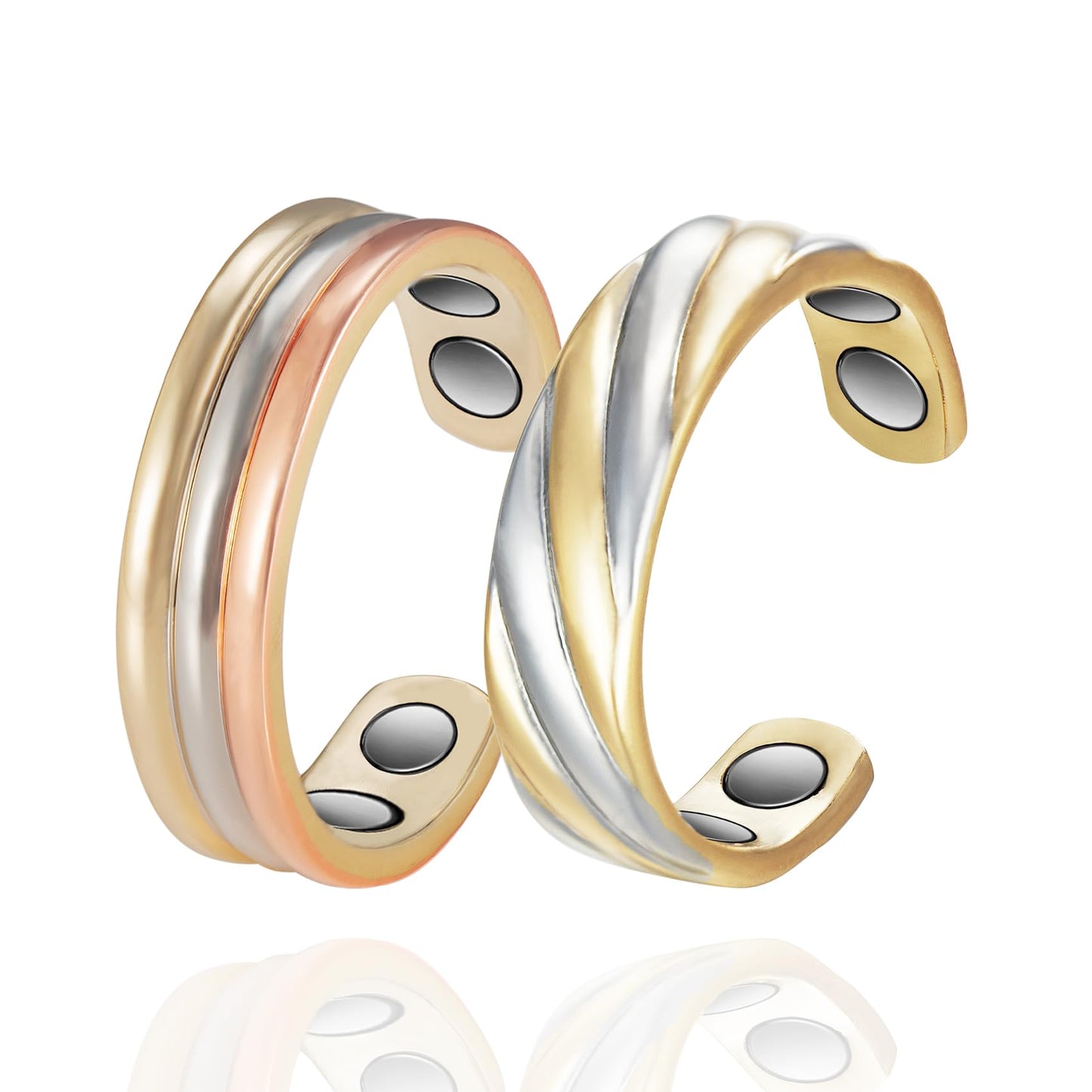 EnerMagiX Copper Rings for Women, 2pcs Set Pure Copper Adjustable Magnetic Three-Color Gold Ring, Copper Jewelry(0013-0949)