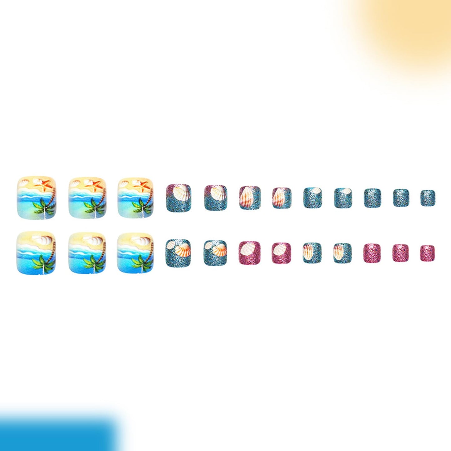 Summer Beach Press on Toenails,Short Square Fake Toenails Coconut Trees Toe Nail Press Ons with Starfish Shells Glitter Designs Full Cover Acrylic Glossy Stick on Toe Nails for Women 24Pcs
