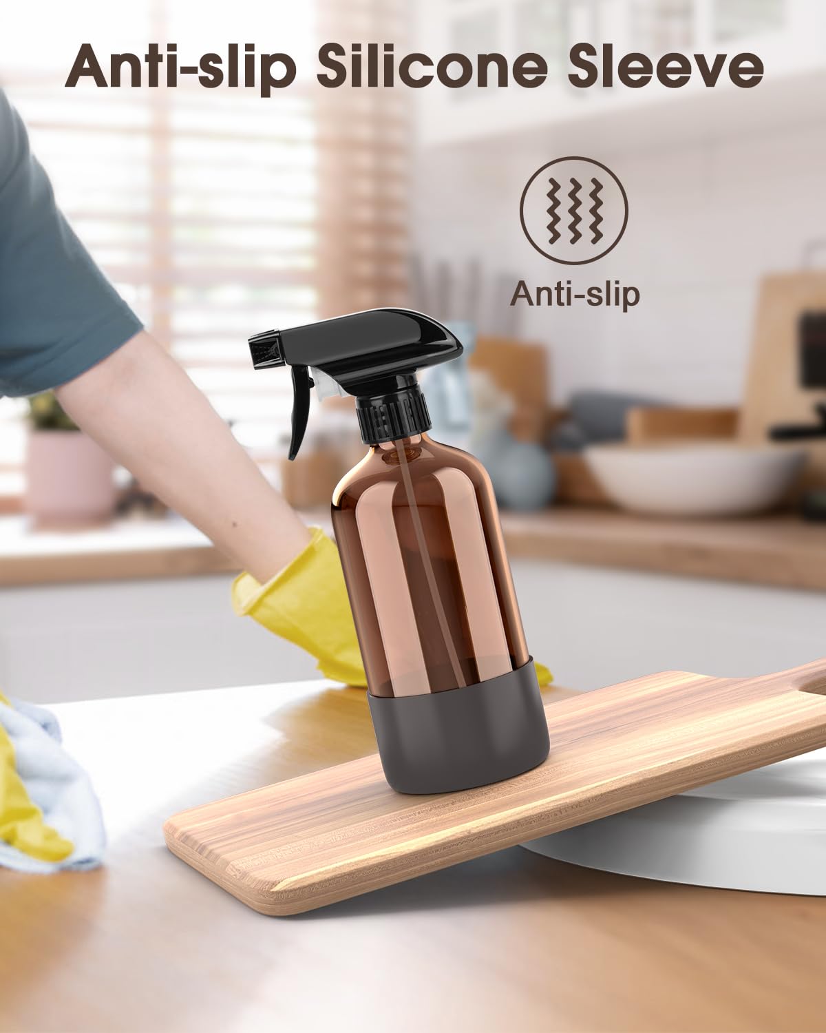 Bontip Glass Spray Bottle with Silicone Sleeve Protection, Amber Glass Spray Bottle Set for Window Cleaner Aromatherapy Facial Hydration Watering Flowers Hair Care 2 Pack/16 oz (Black & Grey, 16 oz)