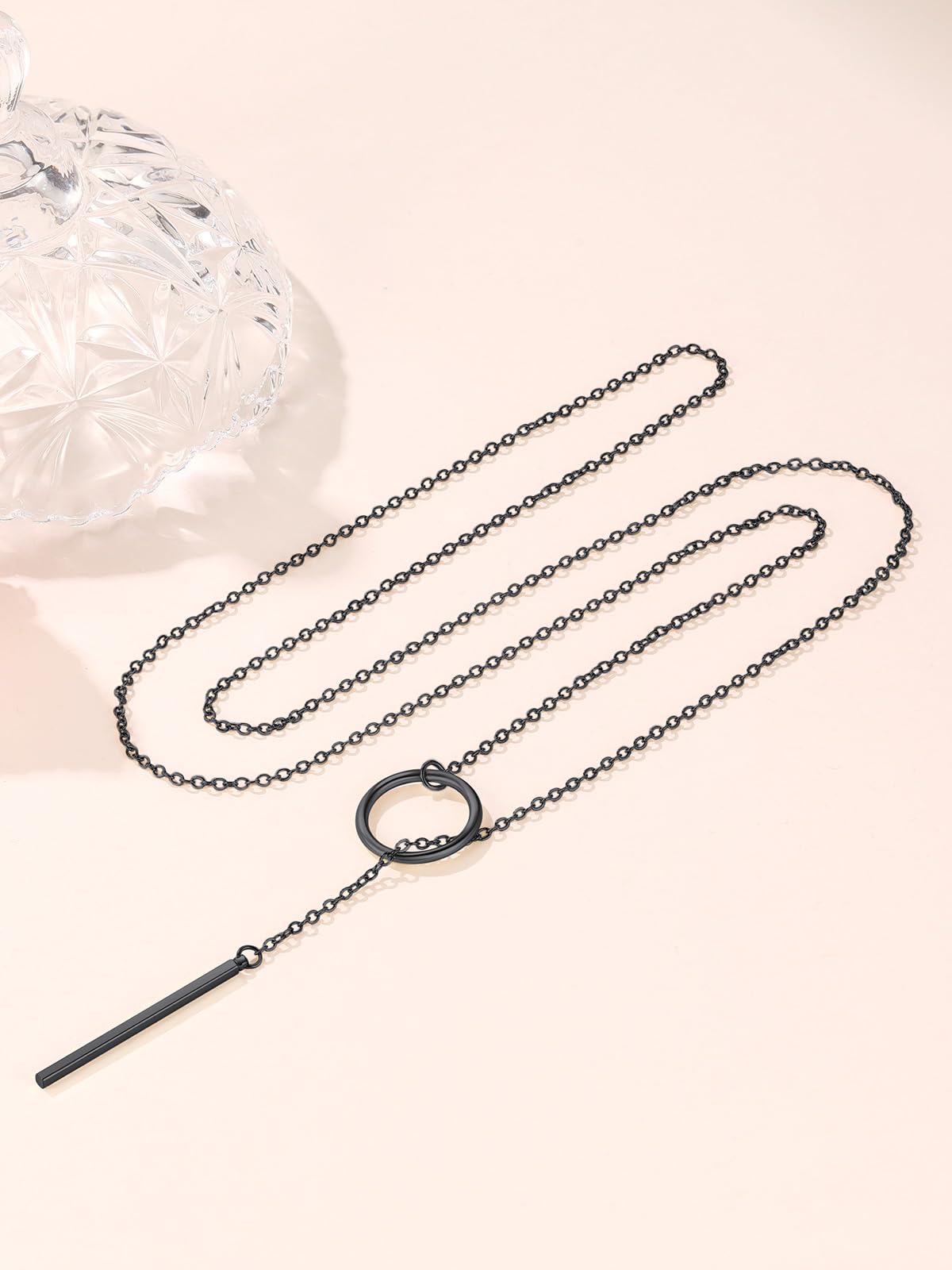 FOCALOOK Long Black Necklaces for Women Custom Engraved Personalized Drop Bar Pendant Larait Y Necklace