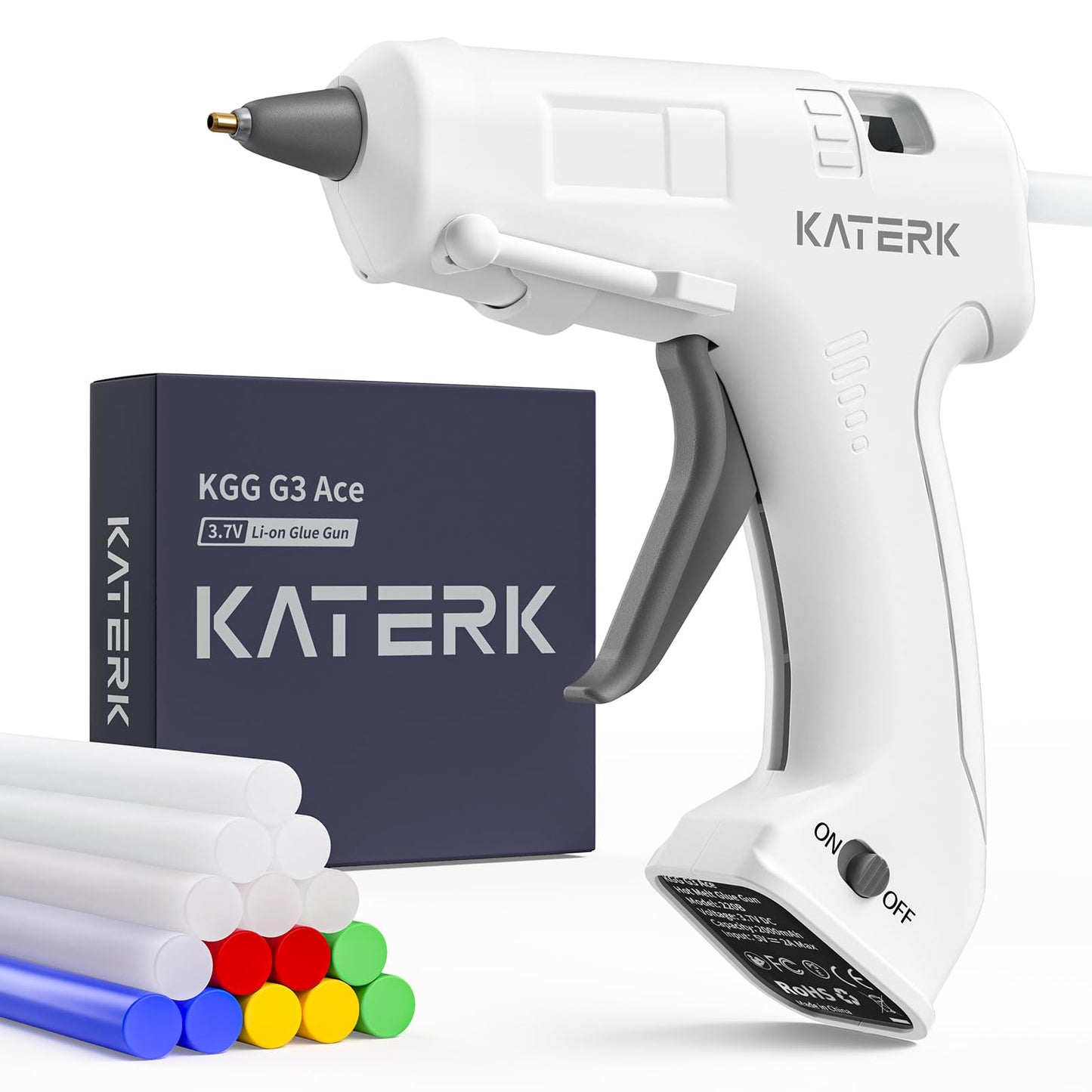 Katerk 3.7V Cordless Hot Glue Gun Kit, 90s Fast Heating, Mini Glue Gun with 15 Glue Sticks, USB-C Rechargeable with 2000mAh Built-in Battery, Ideal for DIY, Gift Making,School Crafts & Repairs (White)