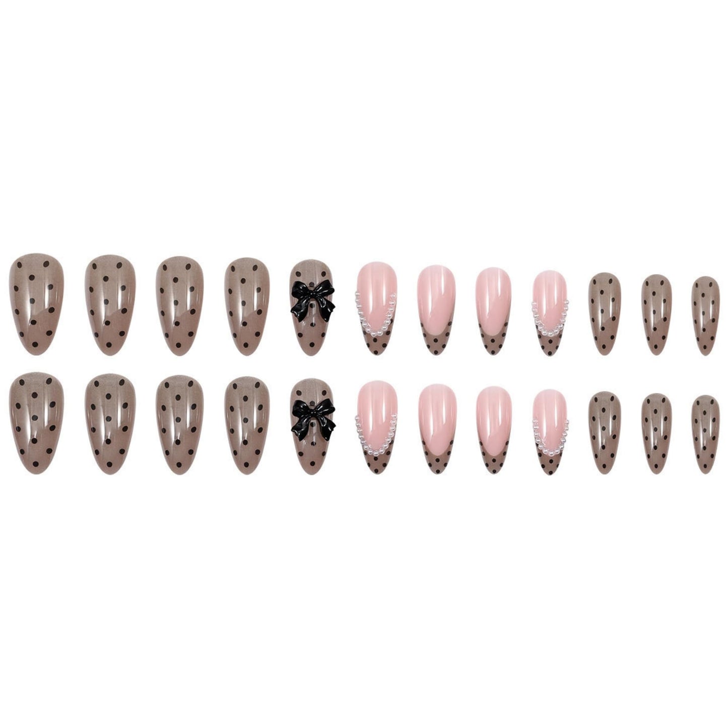 octoswave Press on Nails Medium Almond Fake Nails Cute French Artificial Nail with Bow and Pearl Charm Stick on Nail for Women 24pcs