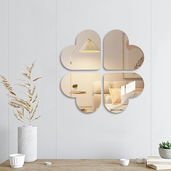 Cute Anti-Scratch Mark Non-Punch Acrylic 4 Heart-Shaped Mirror Set,High Definition Wall Mirrors for Homes, Offices and Children's Rooms, are Not Brittle or Deformable