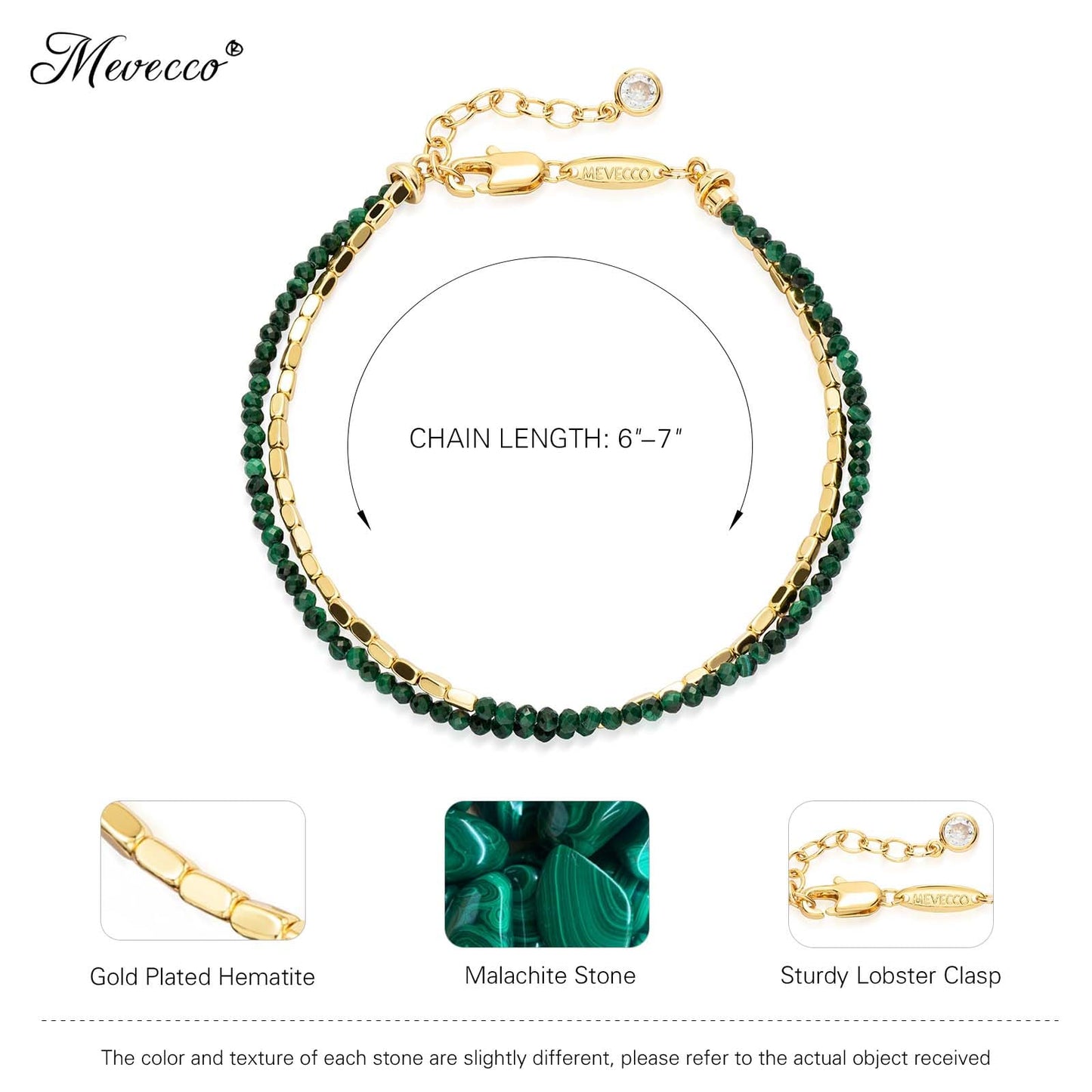 MEVECCO Bead Bracelet for Women 18K Gold Plated Layered Hematite Malachite Stone Mixed Bracelets Handmade Gold Custom Beaded Charm Chain Bracelet Stack Jewelry Gifts