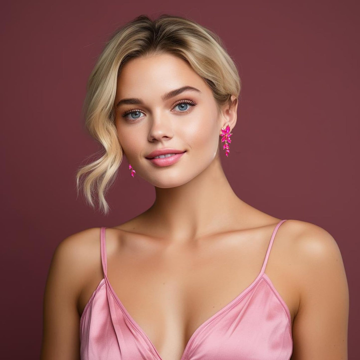 ATIMIGO Elegant Hot Pink Rhinestone Dangle Earrings Cluster Crystal Wedding Bridal Earrings for Brides Bridemaids Formal Prom Statement Drop Earrings for Women