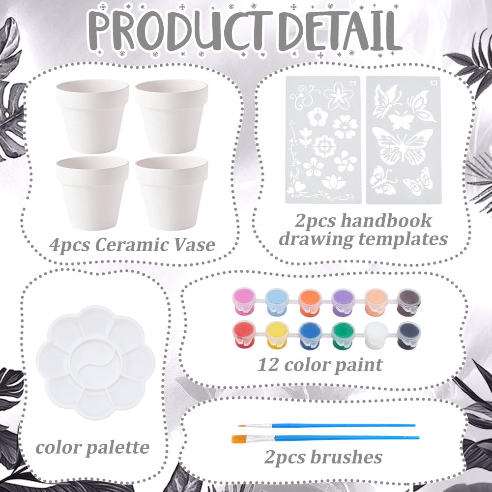 WEBEEDY 4 Sets DIY Ceramic Succulent Pots Paint Kit for Adults Beginner DIY Paintable Ceramics Pots with Butterfly Flower Stencils, Paints, Brushes, Palettes Paint Your Own Pots for Home Decor