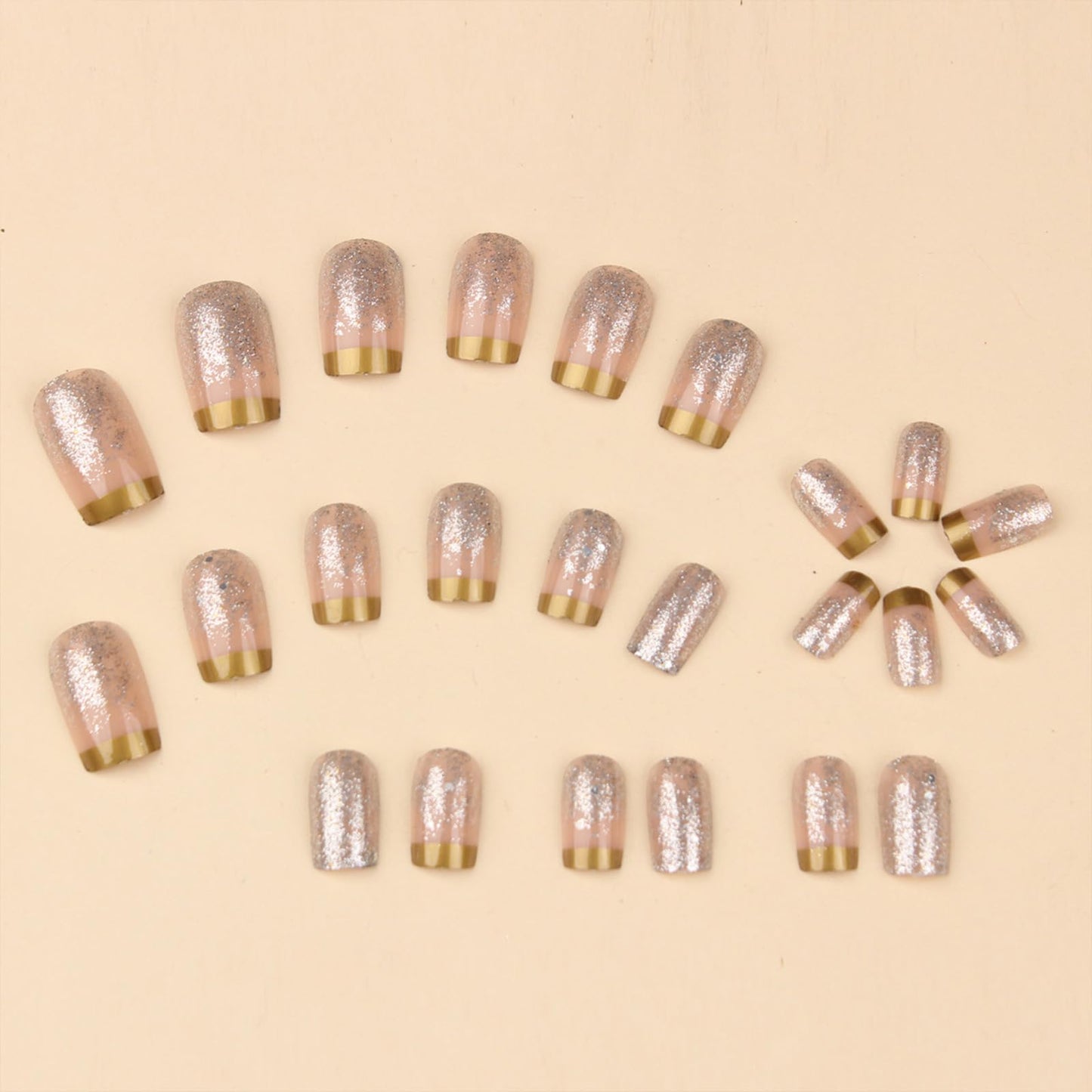 SINHOT Square Press on Nails Medium Fake Nails Glossy Glue on Nails Bling Glitter Acrylic Nails Squoval Artificial Nails Gold French Tip Stick on False Nails with Design 24 pcs