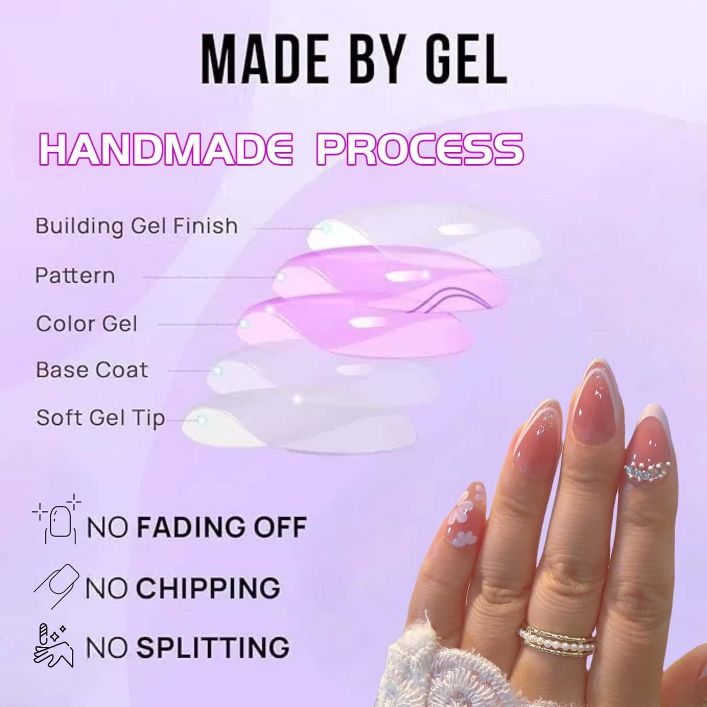 French Press on Nails Short Almond Fake Nails White with Flower Rhinestones Designs Full Cover Acrylic Glue on Nails Removable Artificial Stick on Nails for Women 30 Pcs