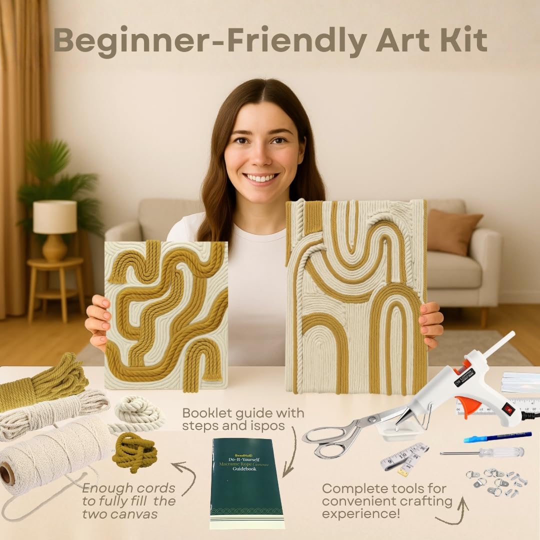 DIY Rope Canvas Kit for Beginners - Complete Macrame Ropes Supplies & Tools | DIY Macrame Art Wall Hanging Decor Starter Set, Craft Kits for Adults, Boho Wall Art Aesthetic Home Decoration (Khaki)