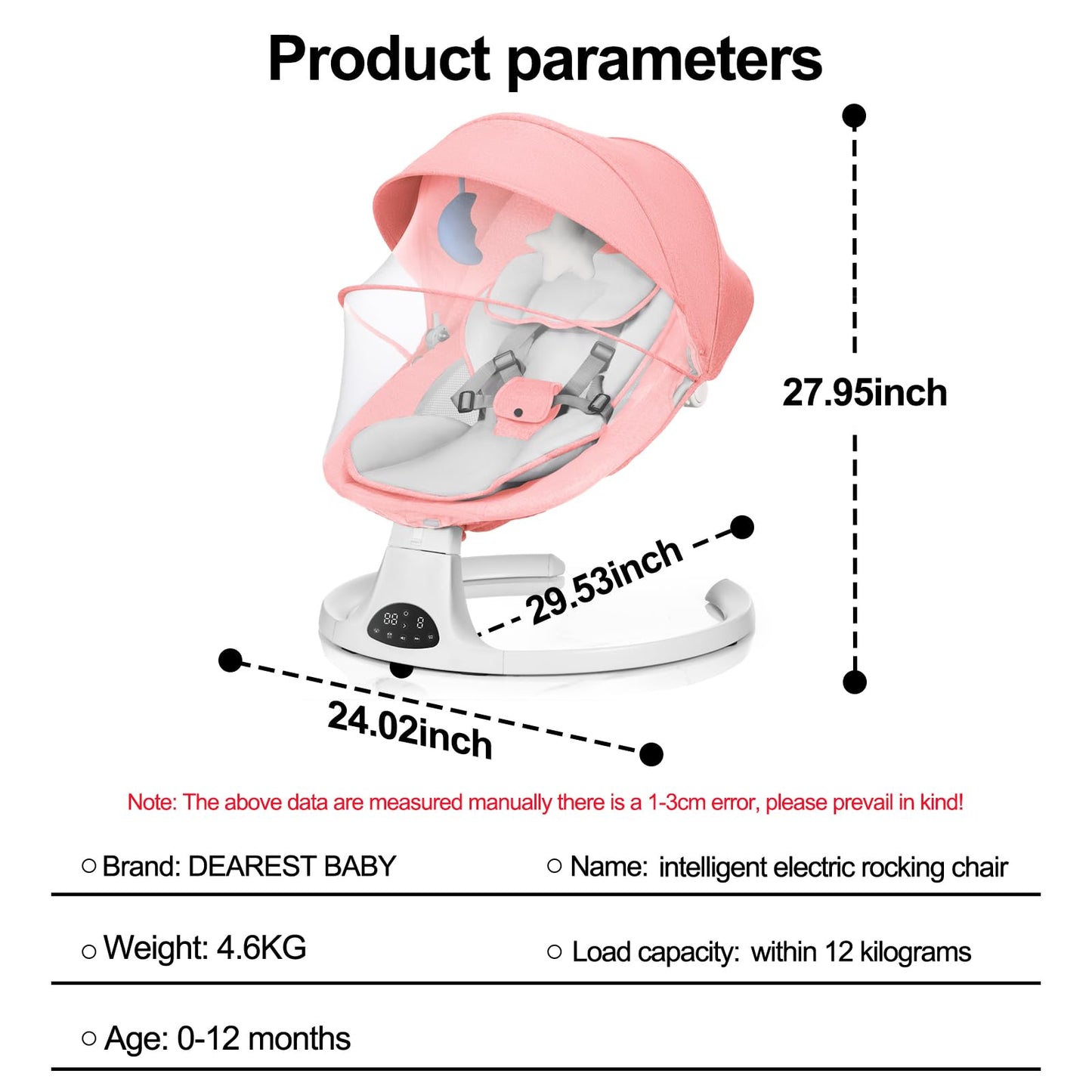 Baby Swing for Newborn to Toddler, 5 Speed Portable Infant Swing with Smart Touch Control, Remote Control, 10 Lullabies, Timer, 5 Point Harness and Soft Fabric (Pink)