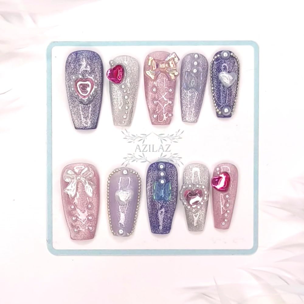 Azilaz Press On Nails, Handmade Medium Coffin Shaped, Lolita Sweety,Pink and Purple Glitter with Rhinestones, Lolita Y2K Style, 10-Piece Set (Large)