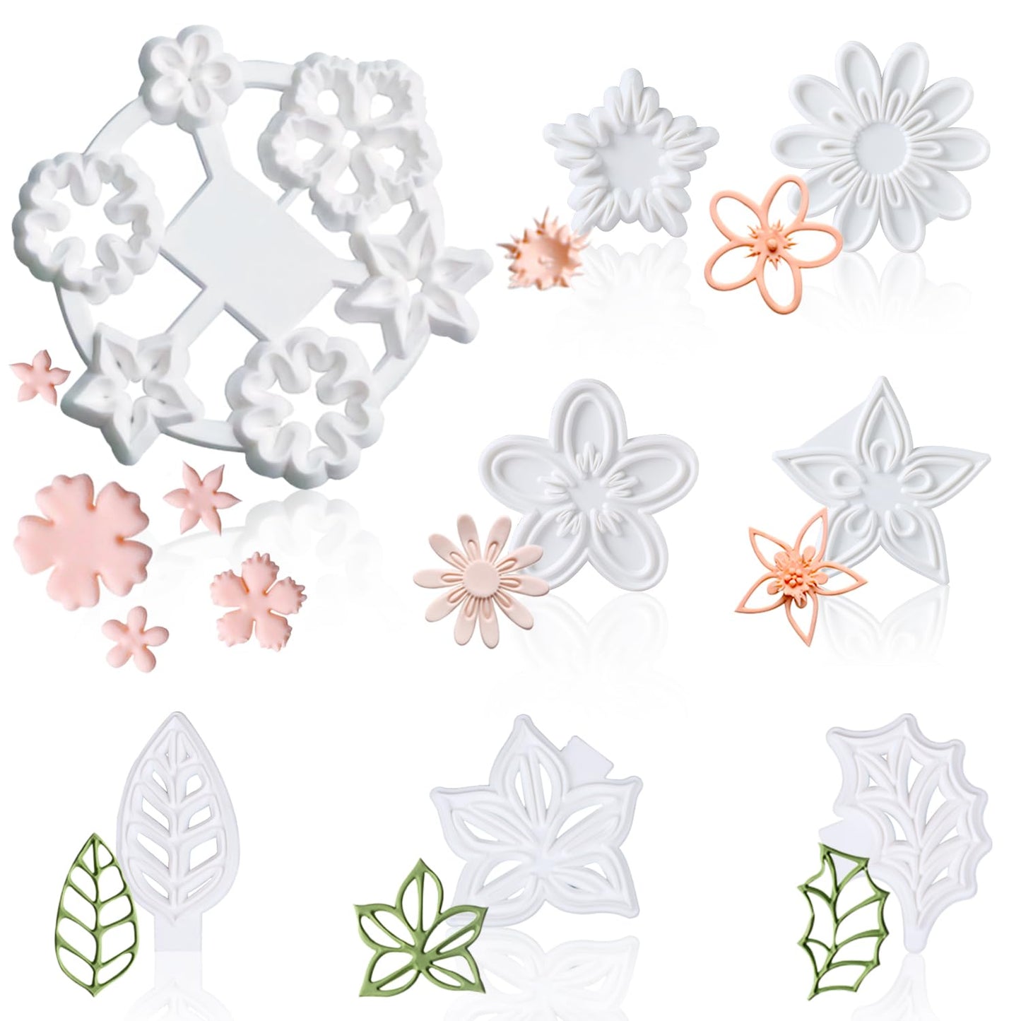 13Pcs Fondant Flower & Leaf Mold Kit, Includes Cherry Blossom, Daisy & Periwinkle Designs, Complete Sugarcraft Supplies for Cake Art