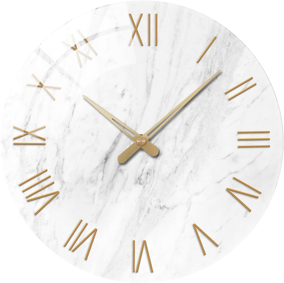 White Marble Large Clocks for Living Room Round Glass Wall Clock Battery Operated 16 Inch Silent Wall Clock Non Ticking