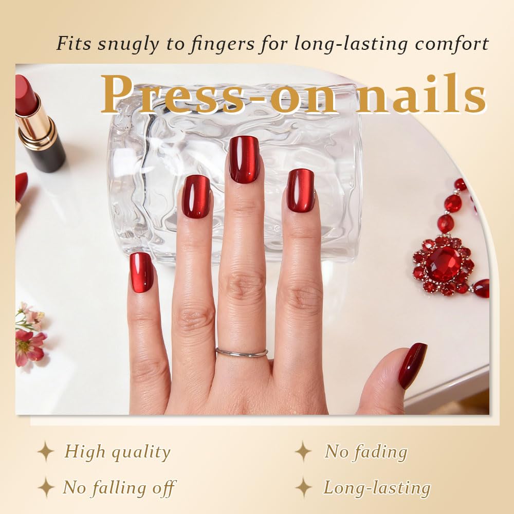 evpct True Red Cat Eye Extra Short Square Press on Nails, Petite Short Square Stick on Nails for Women Gift, Glossy Glitter Fake Nail Reusable, Soft Gel Press on Acrylic False Nail with Designs