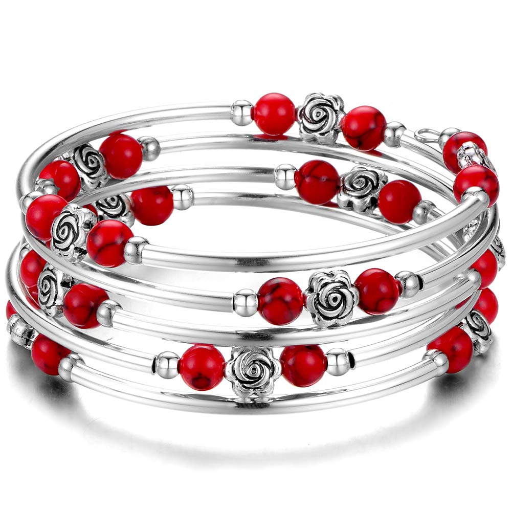 BULINLIN Wrap Bangle Rose Bead Bracelet - Beaded Bracelet with Natural Agate Stone Gifts For Women(01-Red turquoise)
