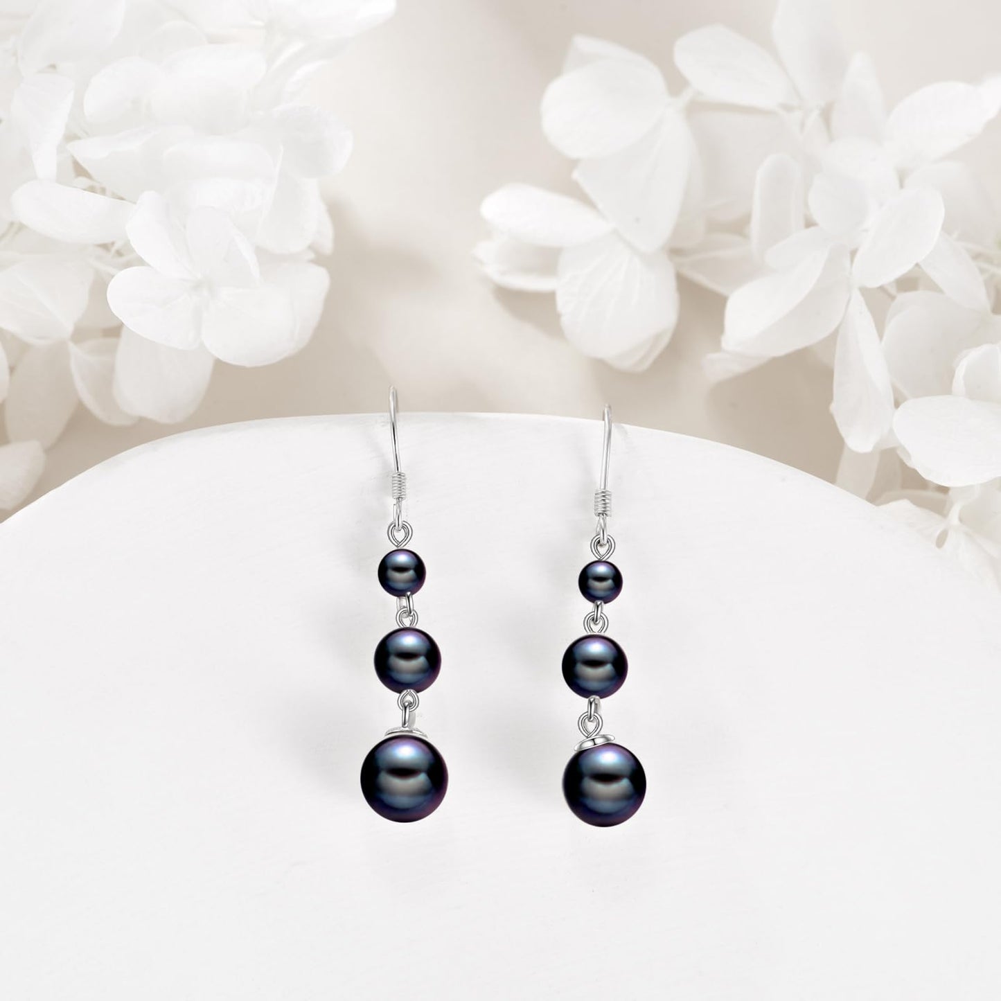 925 Sterling Silver Black Pearl Dangle Earrings Three Pearls Drop Jewelry Birthday Gifts for Women (Black Pearl-Silver)
